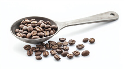 Fototapeta premium Spoonful of aromatic coffee beans, rustic metal spoon, isolated on white background, coffee concept