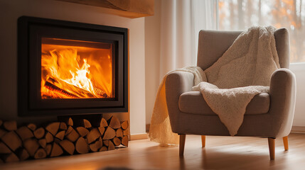 Cozy armchair by fireplace, warm blanket, wood logs storage, soft natural light, autumnal atmosphere, relaxation, comfort at home concept