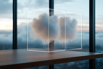 A modern office with a cloud in a transparent box, symbolizing creativity and innovation in a corporate environment.