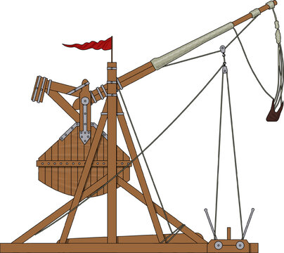 Wooden Late Medieval Trebuchet or Catapult, Isolated on White or Transparent Backgound, Vector EPS 10