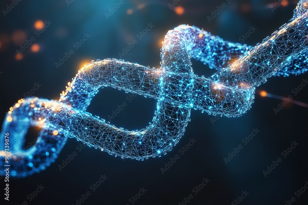 Poster abstract glowing blue chain made of interconnected points on a dark background with bokeh lights.