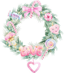 Cute Christmas Watercolor Holiday Set. Christmas tree Wreath Frame, cute girly ornaments, festive decor