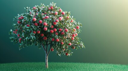 3D-rendered apple tree in full bloom with ripe red apples, placed against a gentle green gradient backdrop.