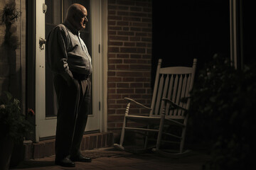 Lonely elderly man standing on porch at night, illuminated by soft light, expressing solitude and contemplation, loneliness concept