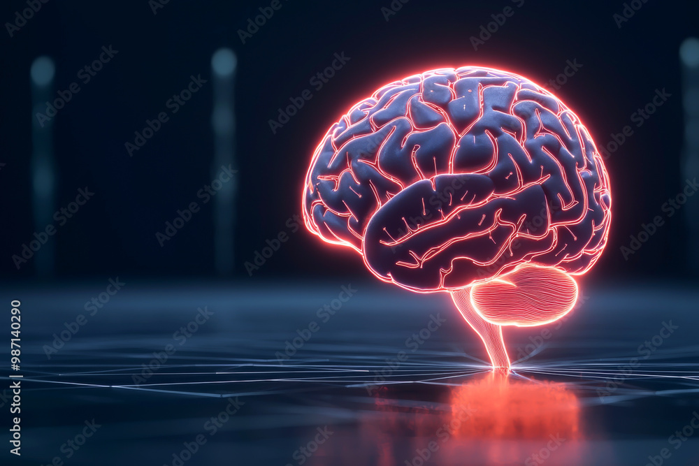 Poster a neon glowing brain illustration representing artificial intelligence and neuroscience themes, suit