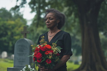 Fototapeta premium Mature woman in mourning holding red rose bouquet at cemetery, Memorial service, grieving loss, funeral sadness concept