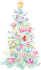 Cute Christmas Watercolor Holiday Set. Christmas tree, cute girly ornaments, festive decor