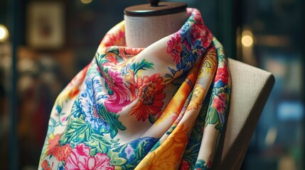 Obraz premium A colorful scarf with detailed floral patterns is carefully arranged around a mannequin, its soft folds highlighted by gentle lighting.