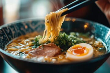 A close-up shot of a bowl of Japanese noodle soup with pork, egg, and greens , ai