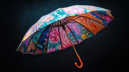 A colorful umbrella with an ornate wooden handle, its patterns glowing against a dark, shadowy background, creating a strong contrast.