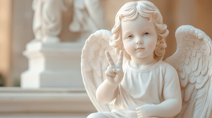 Fototapeta premium A serene angel statue with delicate features, offering a peaceful gesture, symbolizing hope and protection in a tranquil setting.