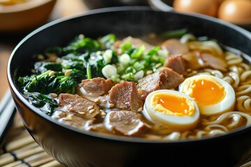 A close-up shot of a bowl of Japanese noodle soup with pork, egg, and greens , ai