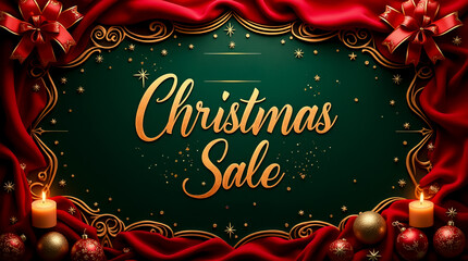 Celebrate the holiday season with an elegant Christmas sale banner that showcases deep red and emerald green hues, highlighted by intricate gold accents and festive decorations
