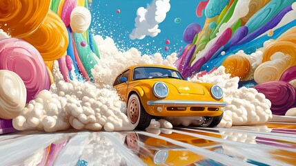 Colorful retro car covered in rich soap foam and bubbles at a vibrant car wash concept new beautiful stock image illustration AI