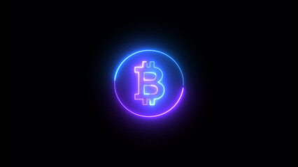 Glowing Bitcoin icon in flat style. Blockchain  illustration on black background. Cryptocurrency business concept.