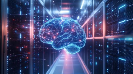 Obraz premium A glowing digital brain in a server room, representing artificial intelligence.