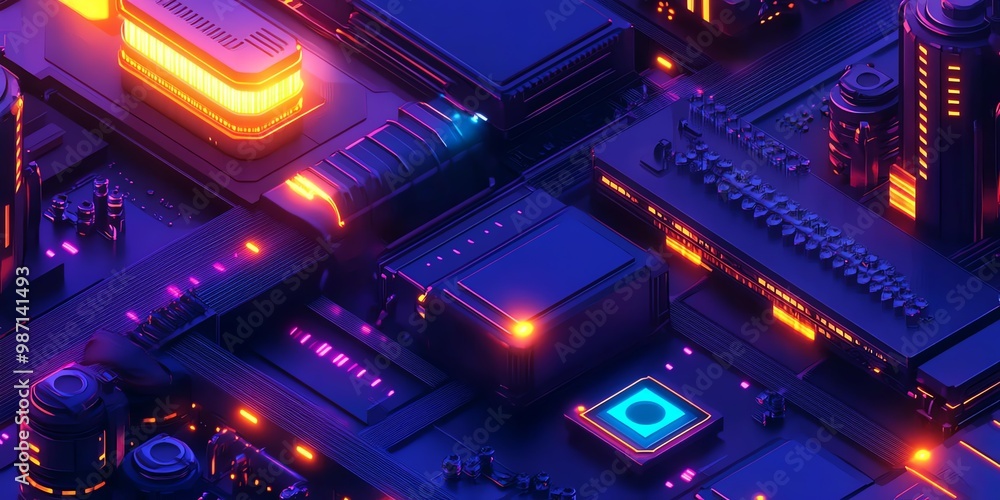 Poster abstract neon light design with futuristic shapes and glowing lines on a dark background.
