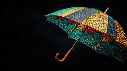 A high-contrast image of a patterned umbrella with a wooden handle, its vibrant colors glowing vividly against the dark background.