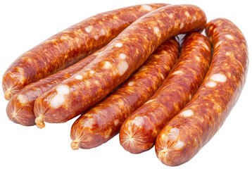 Six sausages with visible fat pieces, isolated on transparent background.