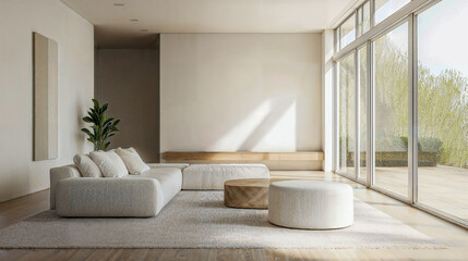 Spacious living room with soft furnishings, large windows, and indoor greenery.