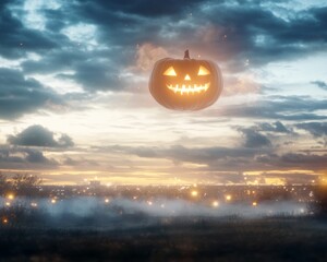 Giant floating jack-o-lantern glowing brightly in a fog-covered field