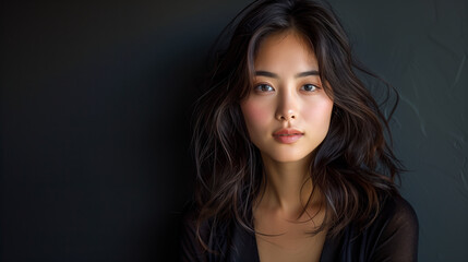 Studio portrait photo of Asian woman with beautiful facial skin with minimal make up use for skin care product commercial advertising.	
