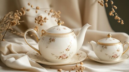 A refined white teapot and creamer set with gold trim and floral patterns, arranged on a soft, neutral-colored tablecloth.
