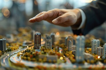 Obraz premium ai generative businessman's hand arranges miniature city