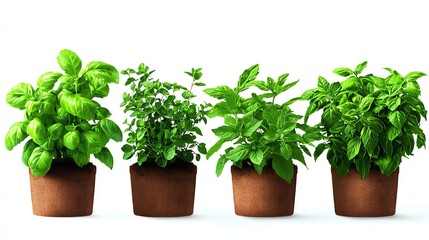 Fototapeta premium Four potted basil plants lined up in a row on white isolated background.