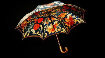 A stunning umbrella with bright, intricate designs and a wooden handle, isolated against a pitch-black background for a striking visual.