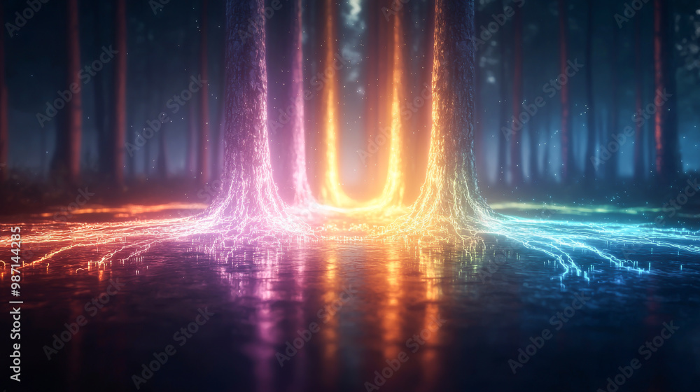 Poster a stunning abstract forest scene with vibrant glowing lines reflecting in water, creating a mystical