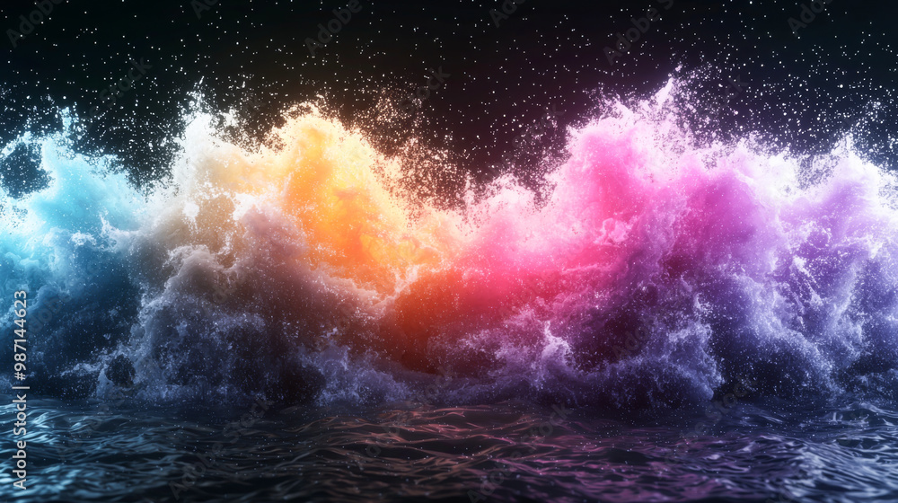 Poster a stunning display of colorful waves crashing vibrantly against the shore, creating a mesmerizing bl