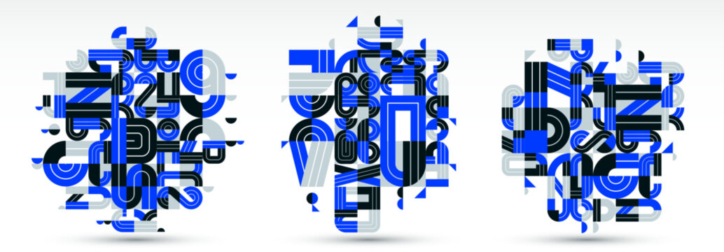 Abstract modern vector trendy designs set, blue geometric shapes stylish compositions, modular pattern artistic illustrations, typography letters elements used.
