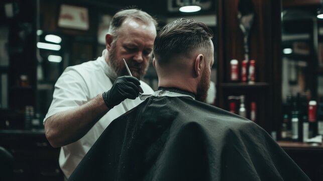 Barber giving a haircut in a vintage barbershop, focusing on precision and style. The scene showcases a traditional grooming experience.