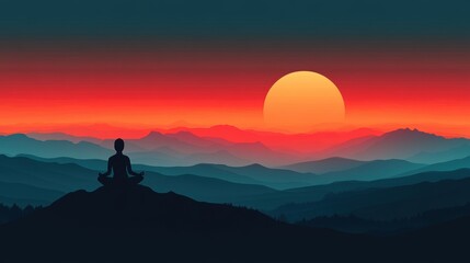 a peaceful sunrise behind a meditating figure represents mindfulness for mental health awareness in this concept banner