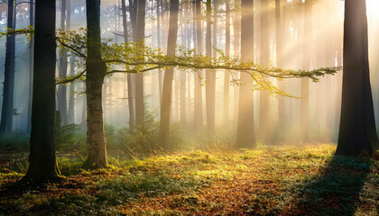 Fairytale mood in a foggy forest. Fairytale mood in a forest in autumn, with the mystical 