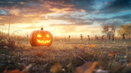 Giant Jack o Lantern surrounded by haunted scarecrows glowing orange