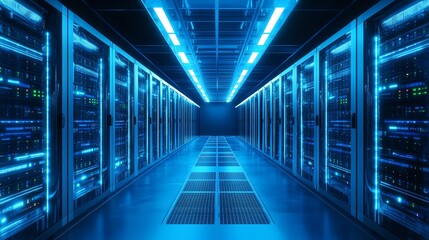 Blue lit server room with rows of servers and a blue tiled floor.