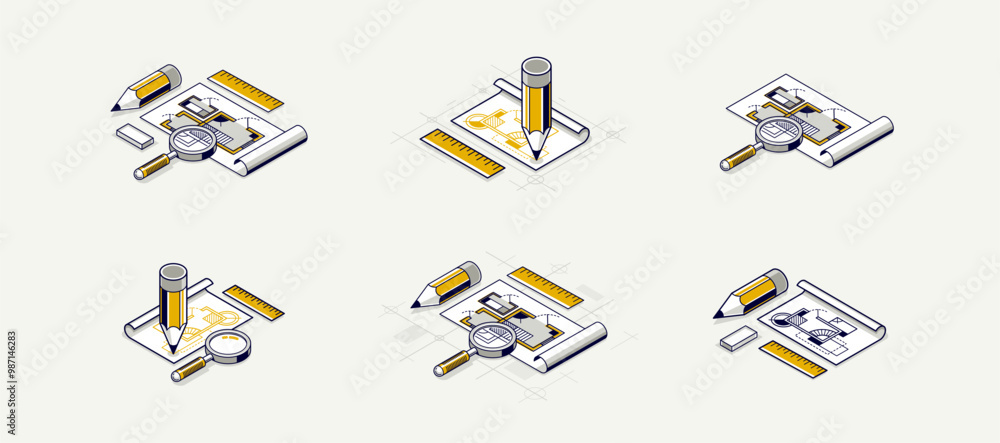 Poster engineering project concept set, paper document blueprint engineer work vector 3d isometric illustra