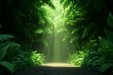 Naklejka premium A tranquil forest path surrounded by lush greenery and soft sunlight creating a peaceful retreat in nature.
