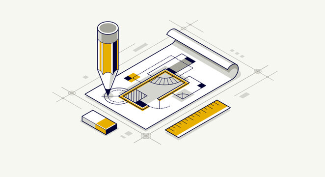 Architectural engineering concept, construction plan in creation progress, blueprint technical plan 3D isometric vector illustration, build cad project.