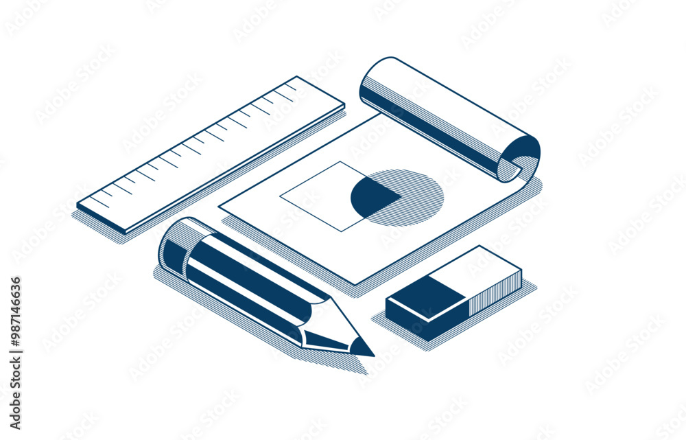Poster engineering project concept, paper document blueprint with pencil engineer work job vector 3d isomet