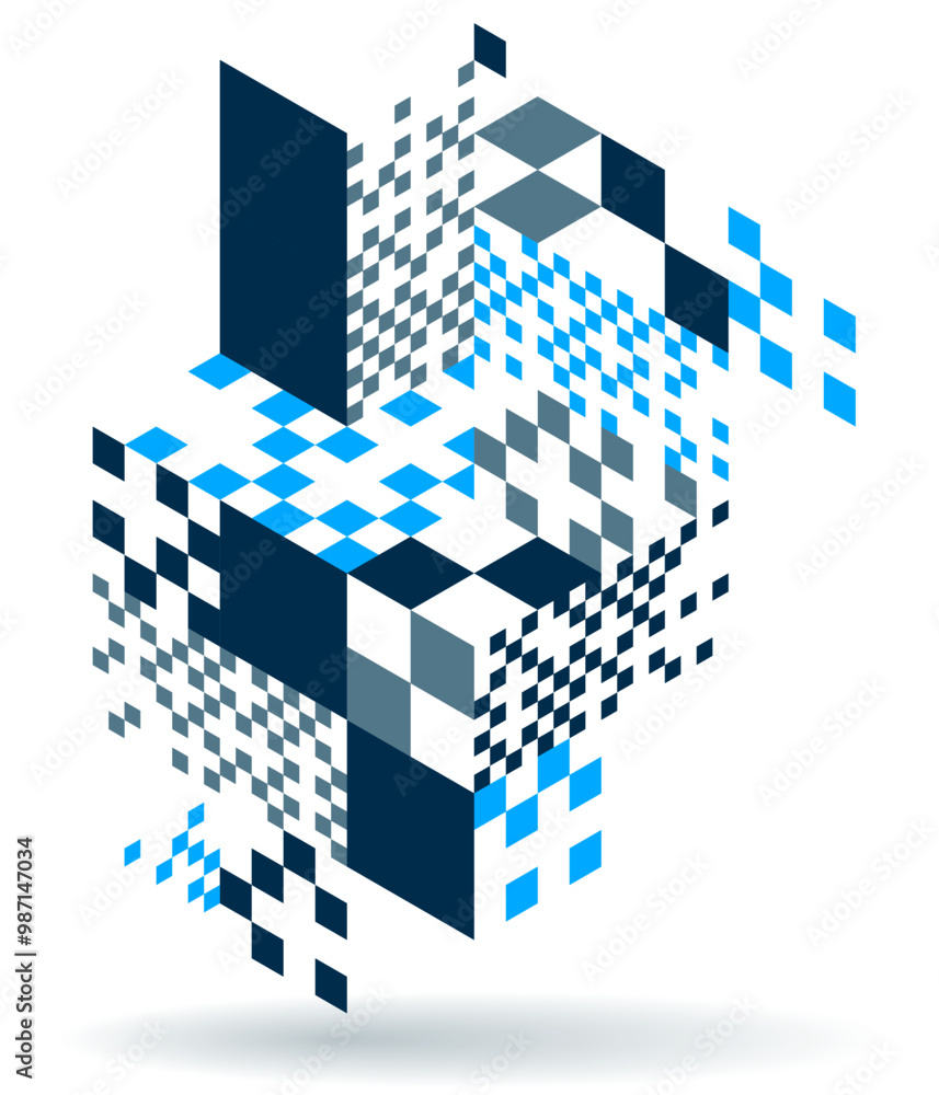 Poster blue vector abstract geometric background with cubes and different rhythmic shapes, isometric 3d abs