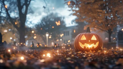 Giant Jack o Lantern with intricate carvings glowing softly
