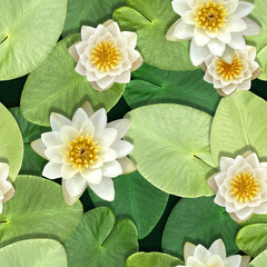 leaf and flower of white water lily seamless pattern