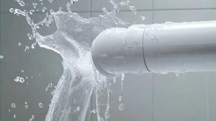 Close-up of a leaking pipe with water spraying out, representing a plumbing issue needing urgent repair in a household or commercial setting.