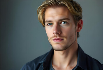 A young Caucasian man with short blonde hair and blue eyes, against a plain gray background