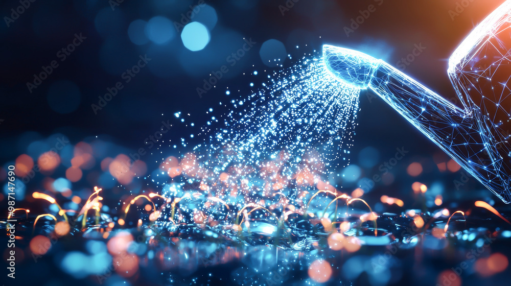 Poster a vibrant close-up of a watering can splashing water, creating shimmering droplets against a colorfu
