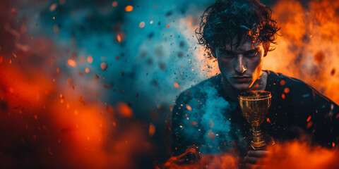 A victorious extreme sports athlete holds a trophy amidst a dramatic backdrop of blue smoke and fire in a cinematic celebration of triumph. Creative background with copy-space. 