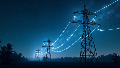 3D Render Of Power Transmission Lines with 3D Digital Visualization of Electricity. Fantastic Visuals of Night Sky Full of Bright Stars. Concept of Renewable Green Energy Powering Human Progress.